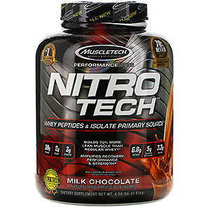 Muscletech, Nitro-Tech（ニトロテック）、ホエイペプチド＆アイソレートプライマリーソース、ミルクチョコレート、1.81㎏（4ポンド）